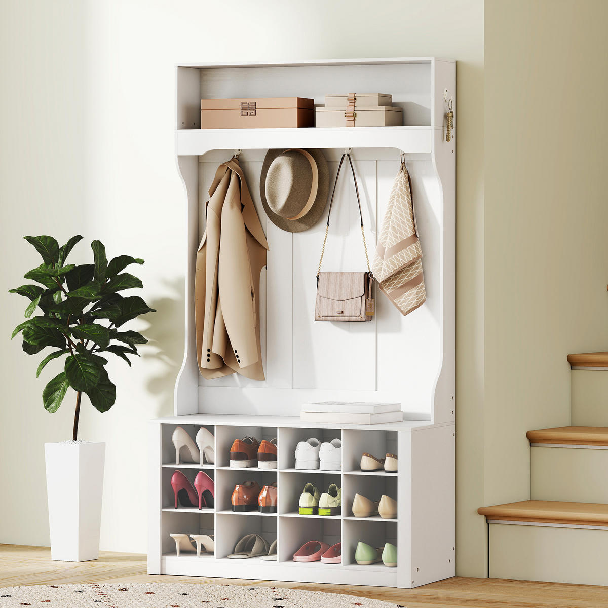 GARDEROBENSTÄNDER mit Sitzbank Kleiderständer mit Schuhregal 6 Haken - Weiß, Holzwerkstoff (35/172.2/100cm) - HOMCOM