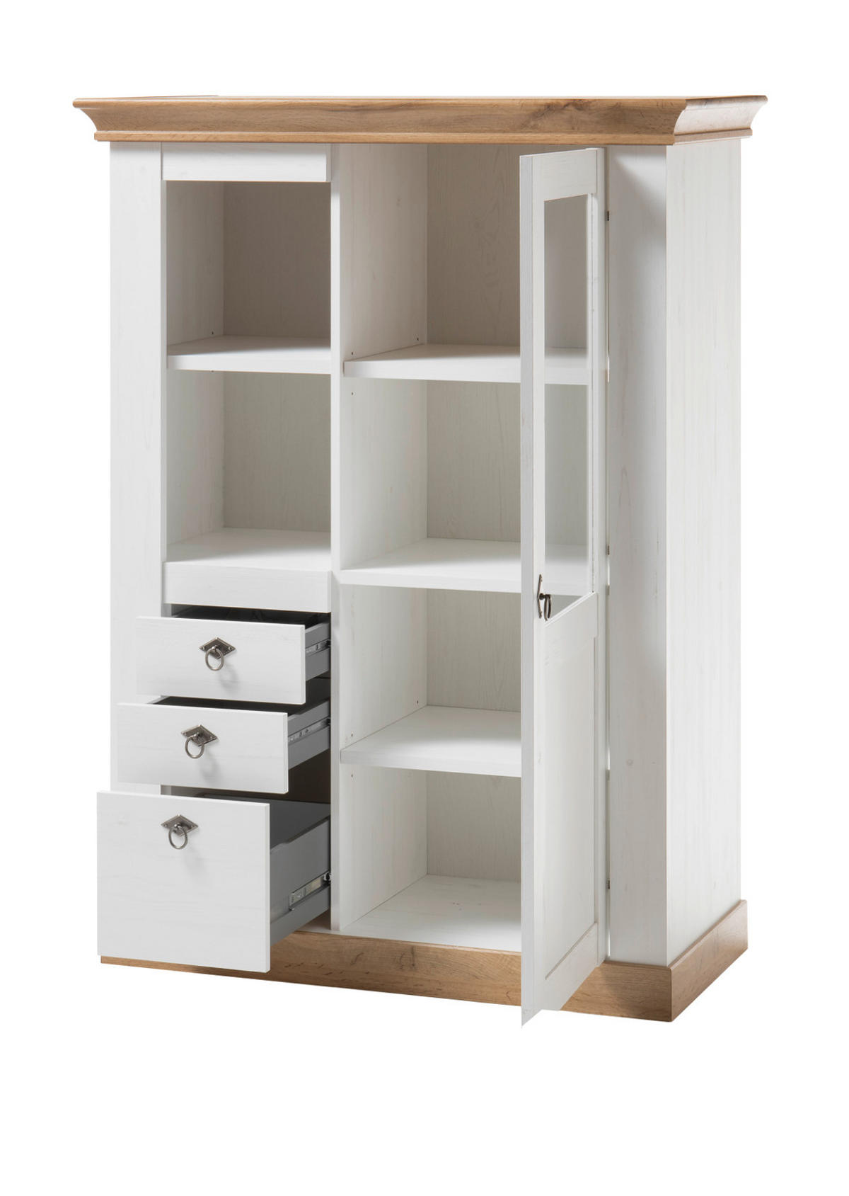 WOHNWAND weiß Pinie, Eiche Wotan, Landhaus Schrankwand 3-teilig 376 x 139 cm - Eichefarben/Silberfarben, Holzwerkstoff/Metall (376/139/52cm) - Furn.Design