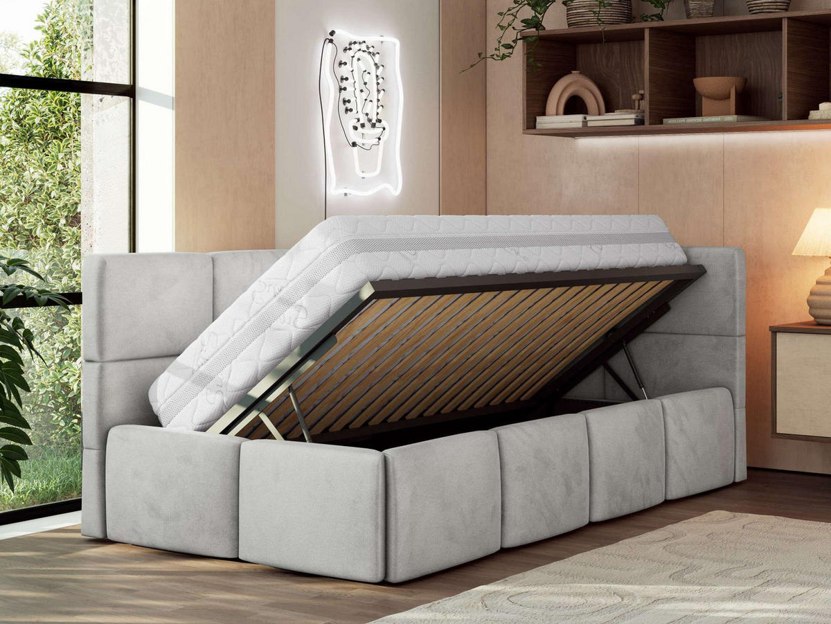 JUGENDBETT ARVO 90/200 - Hellgrau Velvet - ohne Matratze - Rechts Seite - Hellgrau, Textil (200/90cm) - MKS