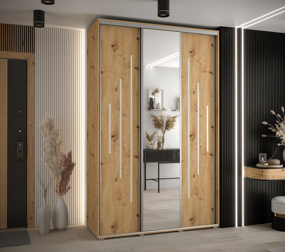 SCHWEBETÜRENSCHRANK 235,2/150/60 3-türig - Silberfarben/Eiche Artisan, Holz/Metall (150/235/60cm) - Abiks Möbel