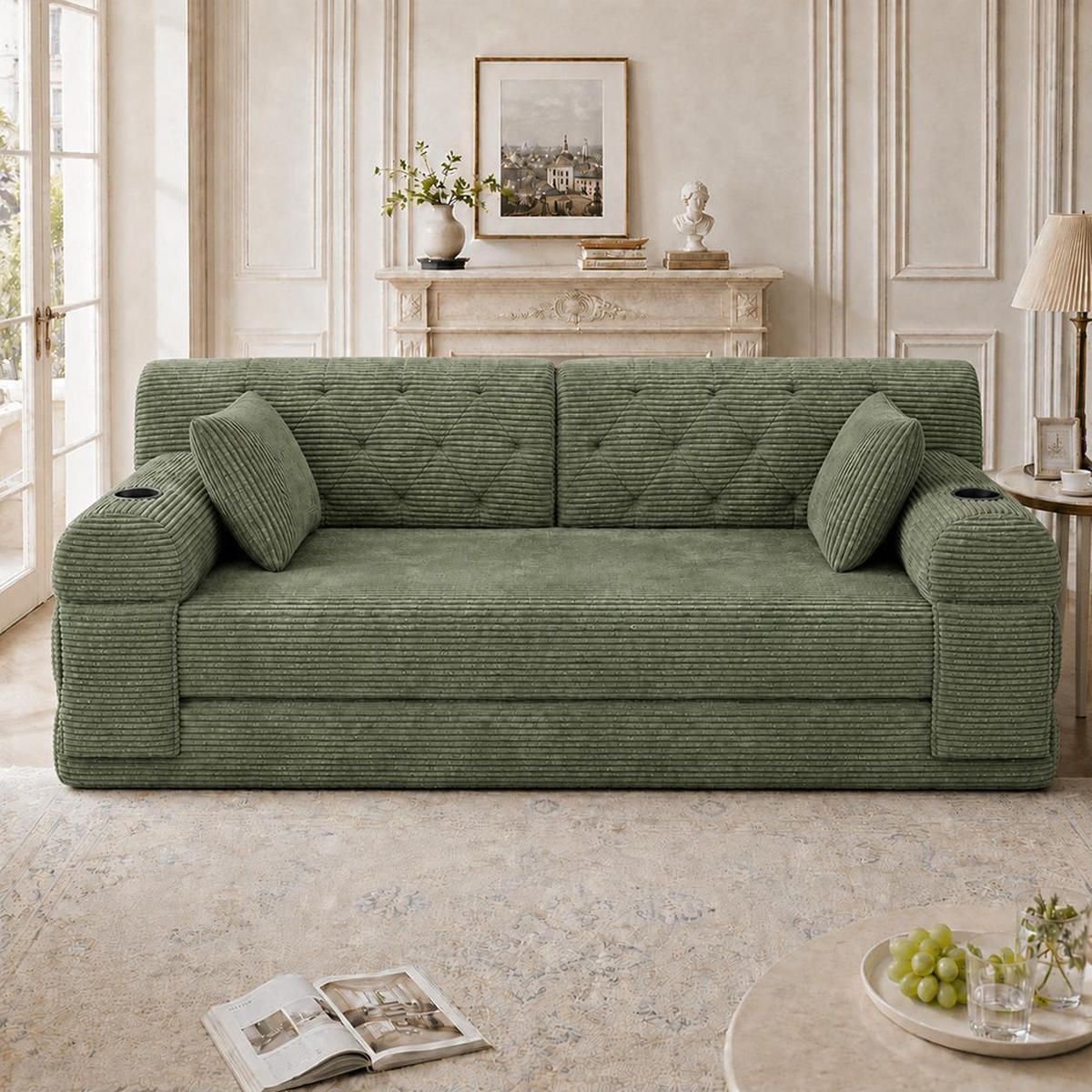 2-SITZER-SOFA – Cord, Metallrahmen, Becherhalter, kompakt, Grün - Grün, Textil (80/81/168cm) - KOMHTOM