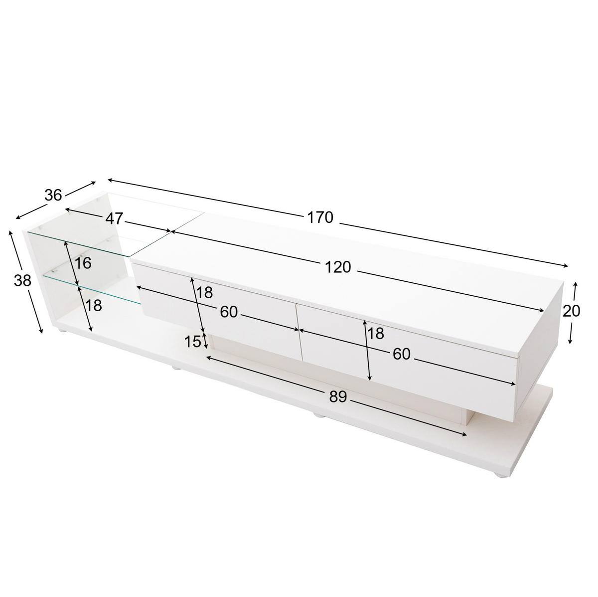 TV-ELEMENT mit 2 Schubladen 170 x 36 x 38 cm Weiß Hochglanz mit LED - Weiß, Holzwerkstoff (36/38/170cm) - Beauniv