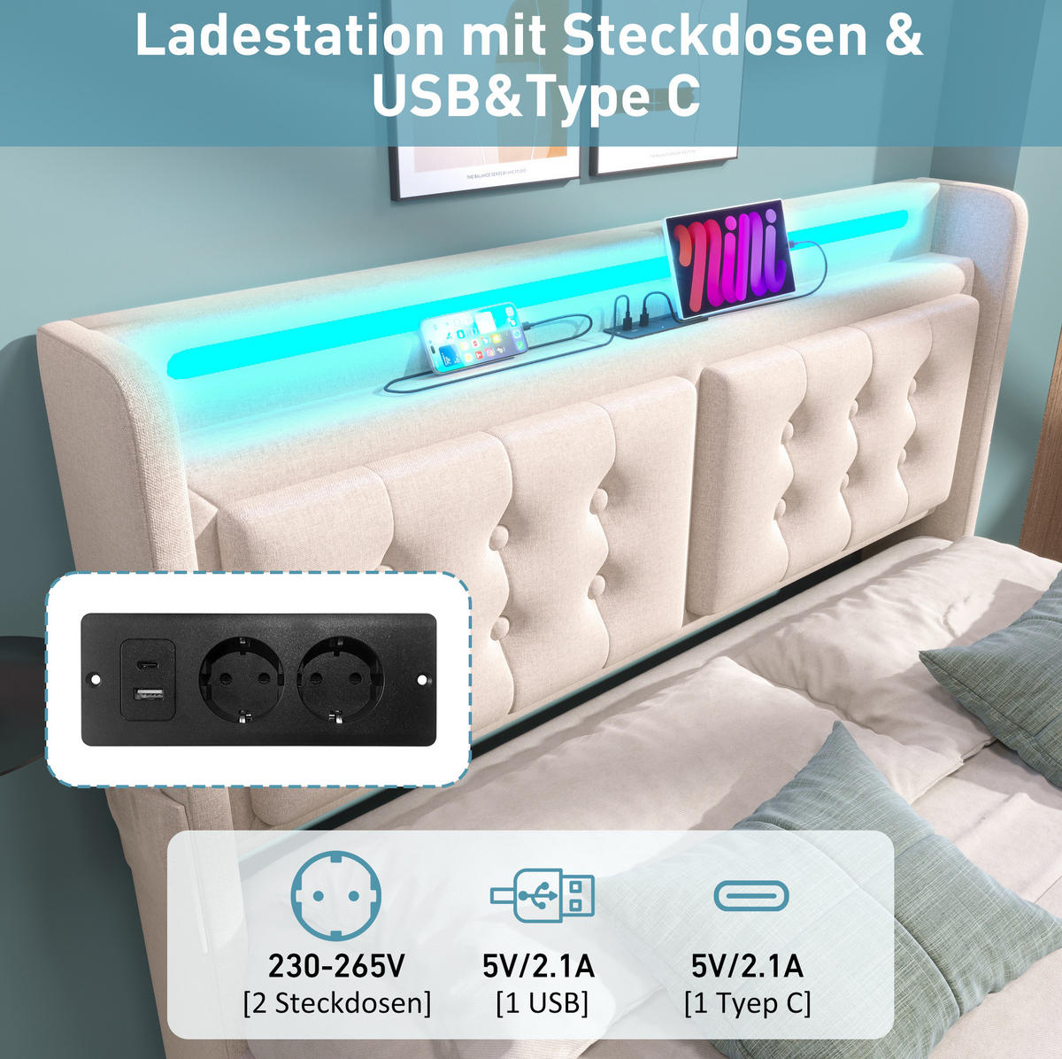 ČALOUNĚNÁ postel 160/200 cm béžová z bavlněného lnu s LED, USB-C a matrací - béžová, textil (160/200cm) - OKWISH