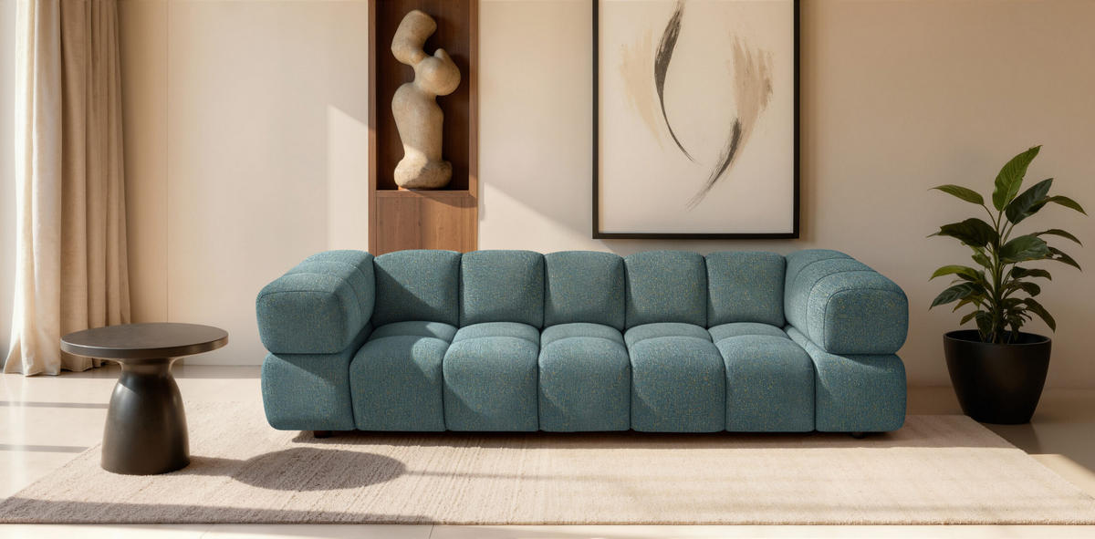 SOFA 4-Sitzer, Couch, Chenille Stoff Puente, Azurblau, Averro - Dunkelgrün, Holz (280/70/96cm) - Kaiser Möbel