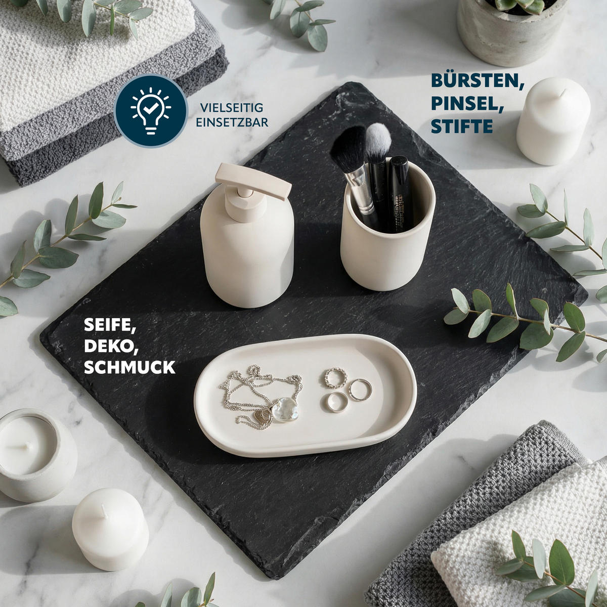 BAD-ACCESSOIRES-SET CERANO, Soft-Touch, beige - Schwarz, Keramik (8/18/8cm) - eluno