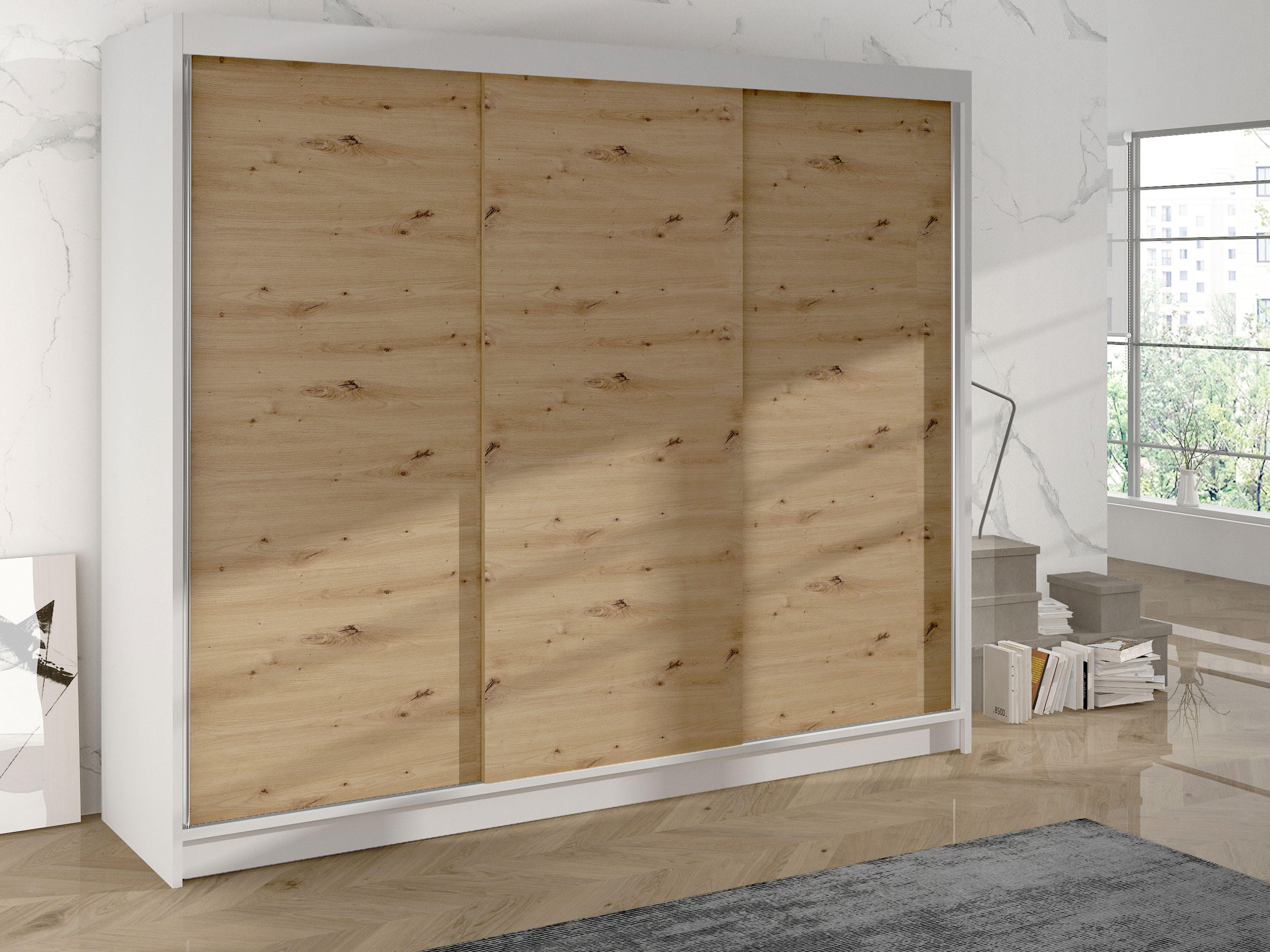 SCHWEBETÜRENSCHRANK Derby II - Eiche Artisan, Holzwerkstoff/Metall (200/215/58cm) - MIRJAN24