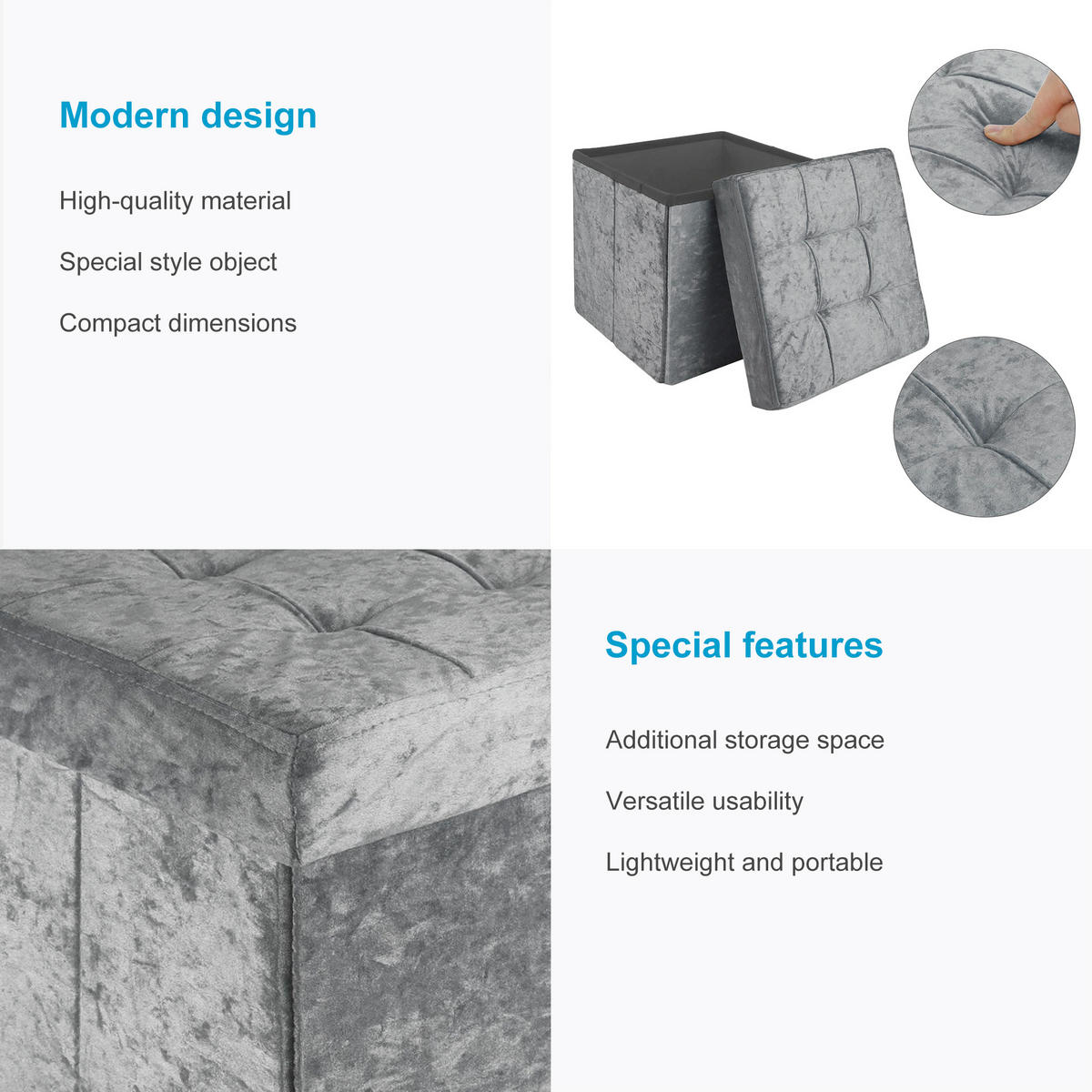 SITZHOCKER Faltbar mit Samtbezug 30/30/30 cm (Grau) - Grau, Karton (30/30/30cm) - Intirilife