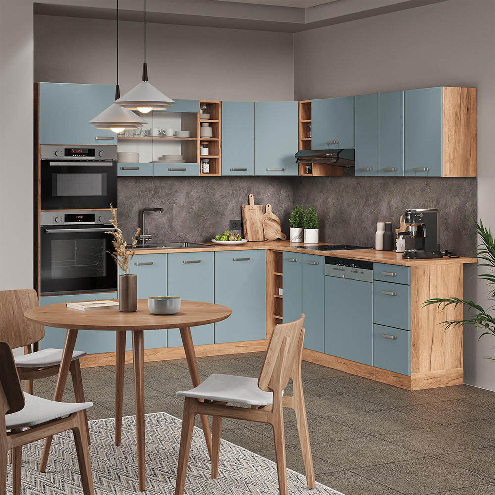 ECKKÜCHE R-Line Blau-Grau/Goldkraft Eiche 237 x 60 cm ohne AP - Honigeiche/Blaugrau, Holzwerkstoff (247/81.6/46cm) - Vicco