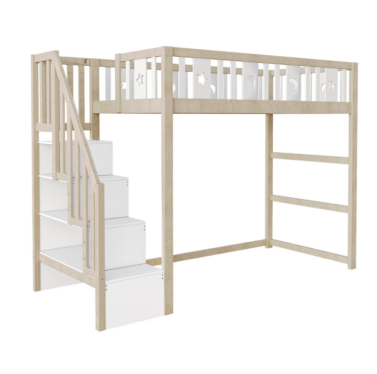 HOCHBETT 90/200 cm mit Treppe, Regalen und Stern-Mond-Geländer, Weiß/Natur - Naturfarben, Holzwerkstoff (90/200cm) - Redom