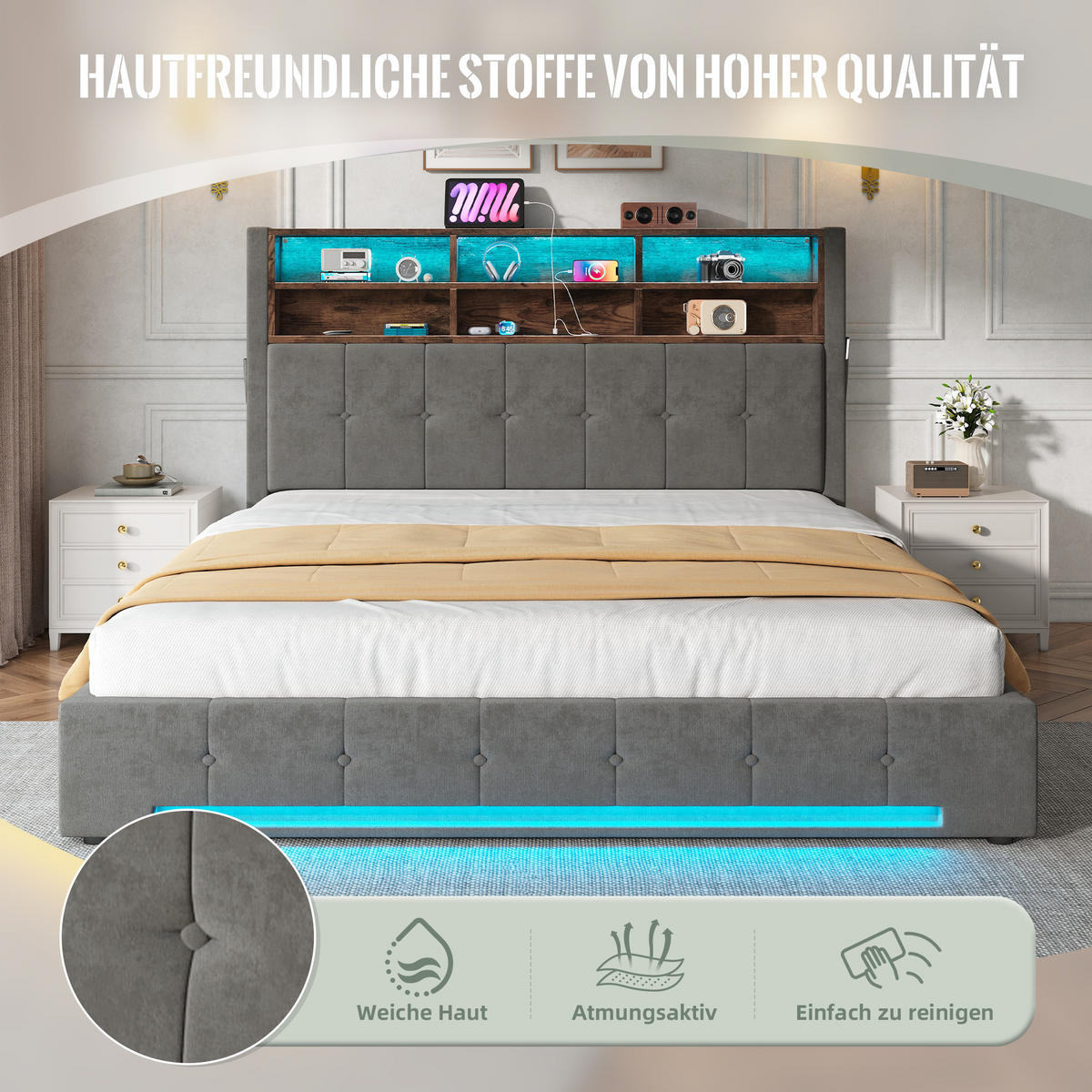 POLSTERBETT 180/200 cm Dunkelgrau mit 6 Fächer, Seitentaschen, USB-C und LED - Dunkelgrau, Textil (180/200cm) - Oxeza