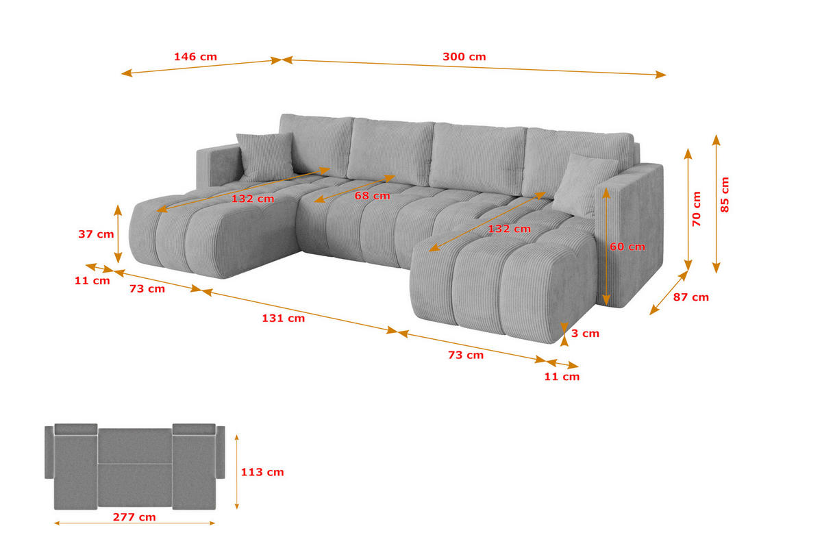 SEDACÍ SOUPRAVA DO U s funkcí spaní a úložným prostorem GARD-U 300x146x85 šedá manšestr - šedá/černá, kompozitní dřevo/textil (300/85/146cm) - ALTDECOR