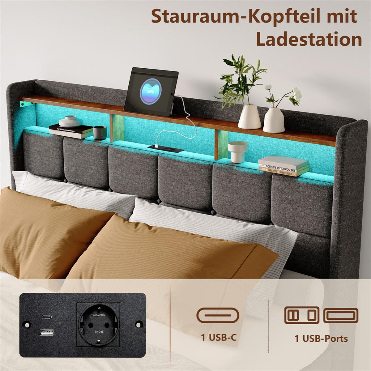 POLSTERBETT 140x200cm - Doppelbett mit 4 Schubladen - RGB-LED-Beleuchtung Ladestation - ohne Matratze - Grau - Grau, Textil (140/200cm) - DELFA