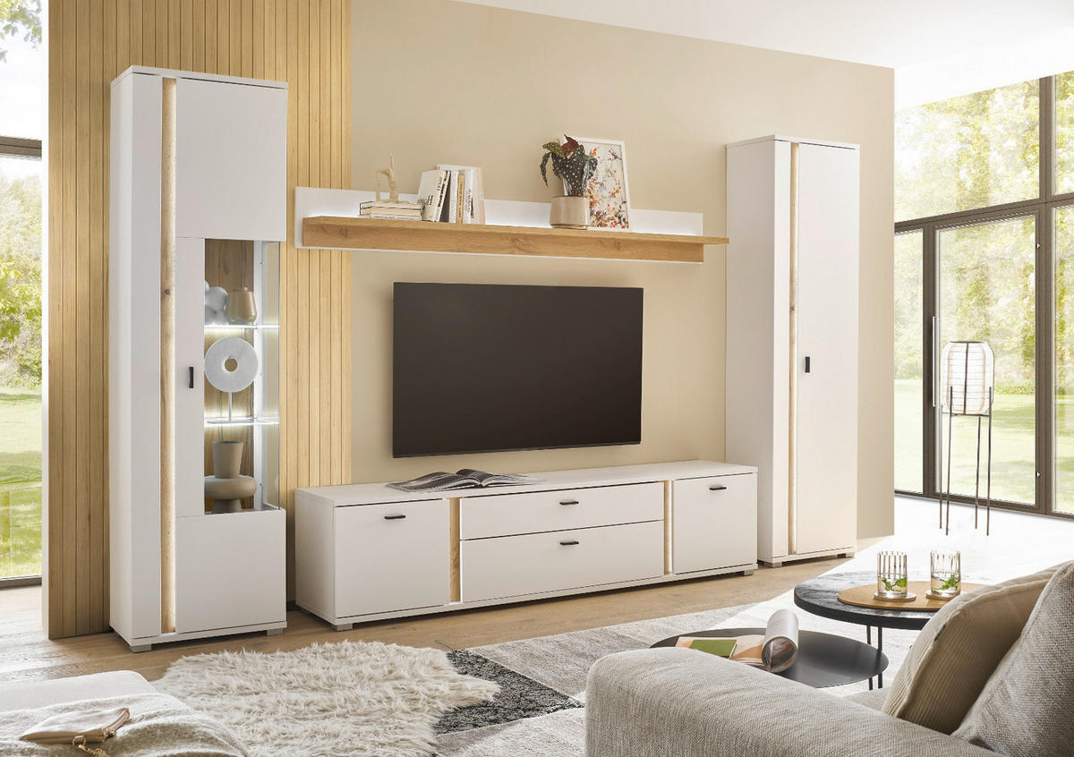 VITRINE weiß matt, Eiche Wotan 55 x 200 cm, Vitrinenschrank inklusive Frontbeleuchtung - Silberfarben/Eiche Wotan, Glas/Holzwerkstoff (55/200/35cm) - Furn.Design