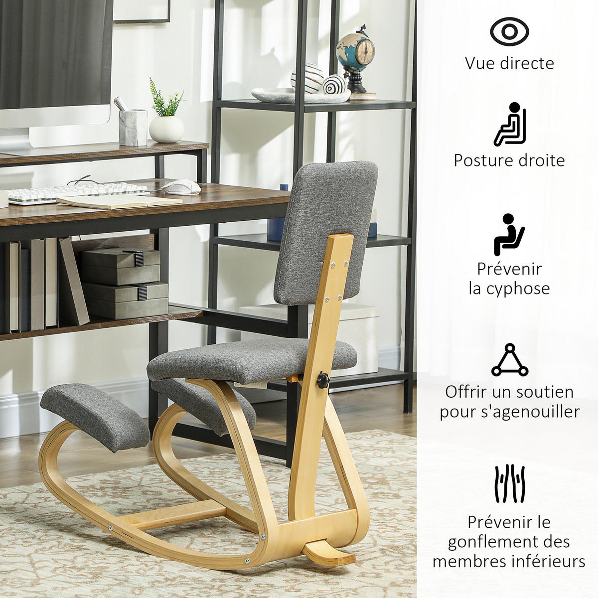 KNIESITZ DE-11714 mit Rückenlehne und Wippfunktion Grau - Grau, Holz (51/93/84cm) - ComfortXL