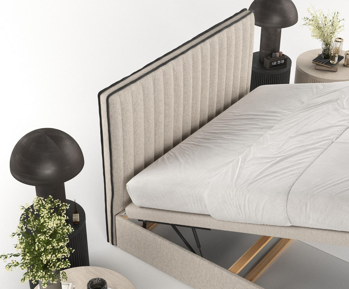 POLSTERBETT Keva mit Stauraum 200/200 cm Hellbeige im Megan Stoff - Sandfarben/Schwarz, Holz/Holzwerkstoff (200/200cm) - AltaBeds