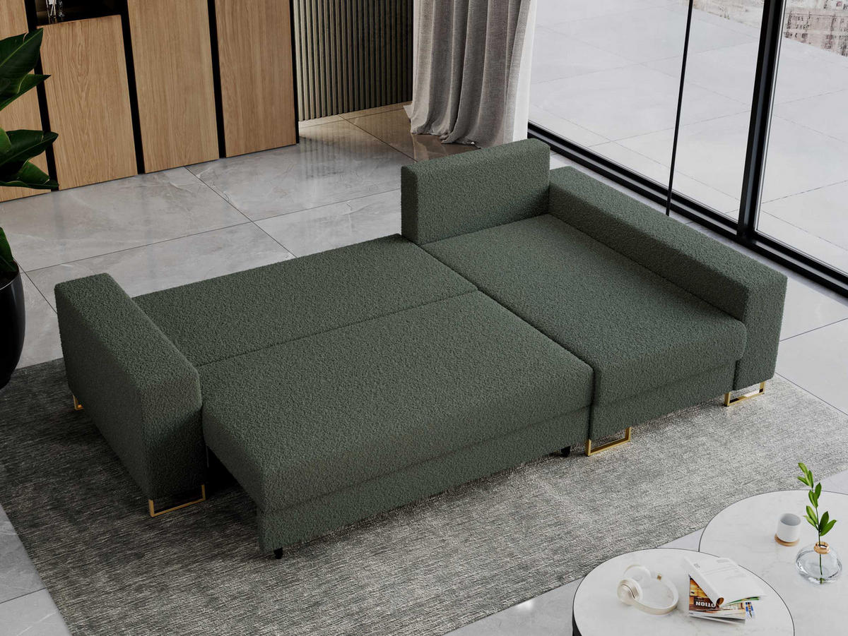 ECKSOFA Dorian Boucle Grün - Goldfarben/Grün, Textil/Metall (242/138cm) - MKS