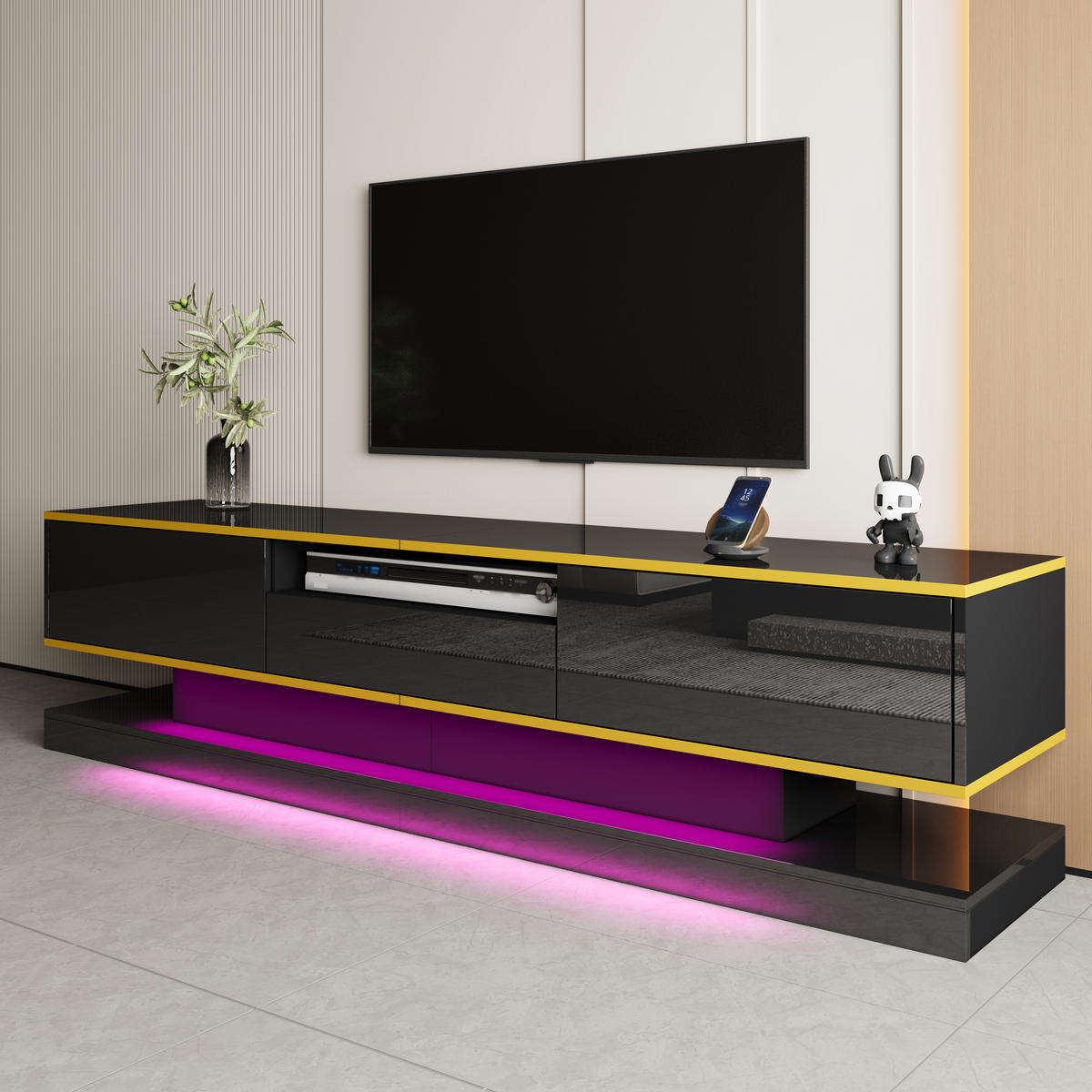 TV STOLEK černý a zlatý, 3 zásuvky, LED osvětlení, do obývacího pokoje, 180×38×45 cm - černá, kov/kompozitní dřevo (180/45/38cm) - STILVORA