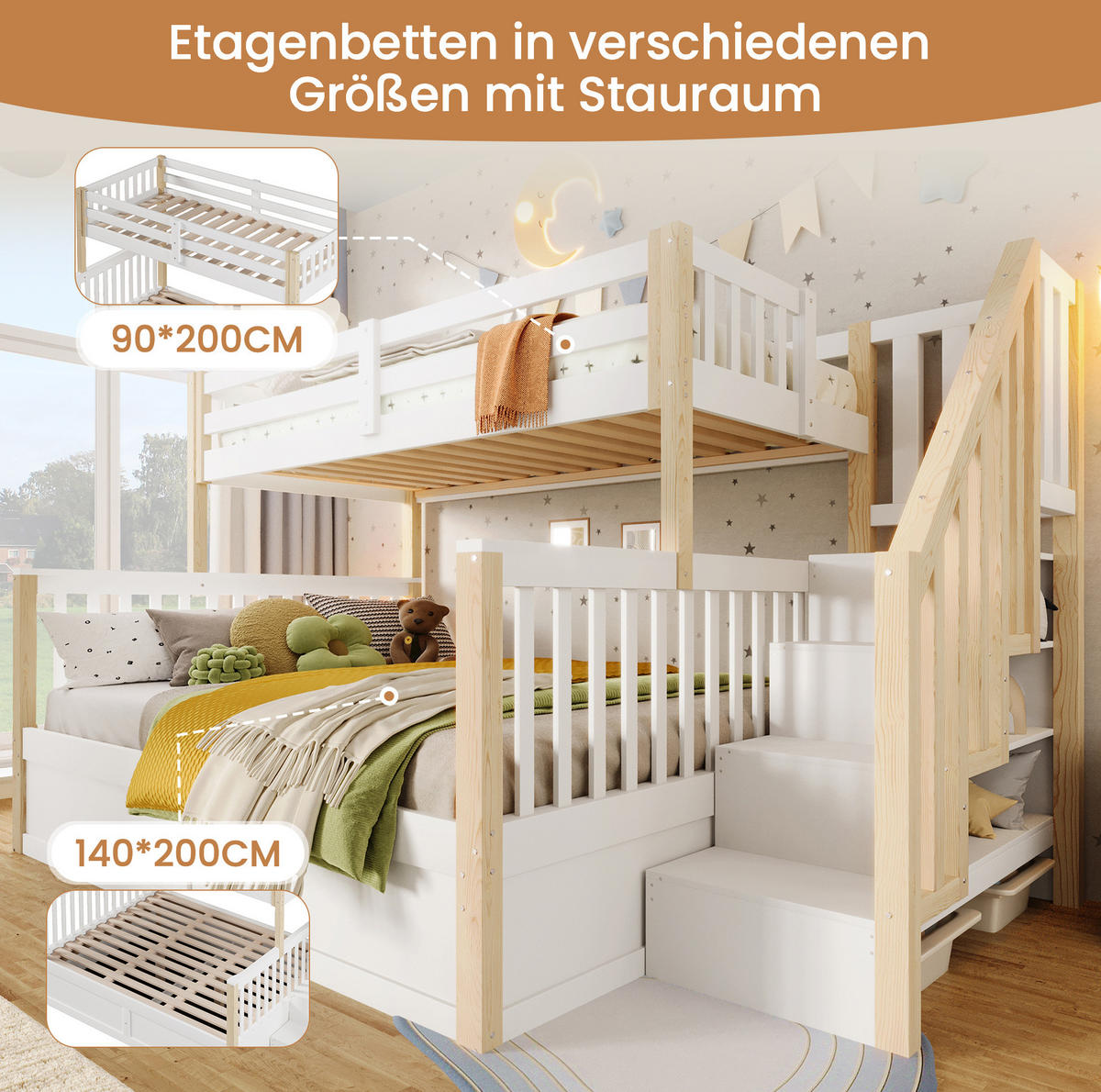 ETAGENBETT aus Kiefernholz 90x200/140x200 cm Weiß/Natur mit Stauraumtreppe und hydraulischem Bettkasten - Weiß, Holzwerkstoff (90/200cm) - IVMEU