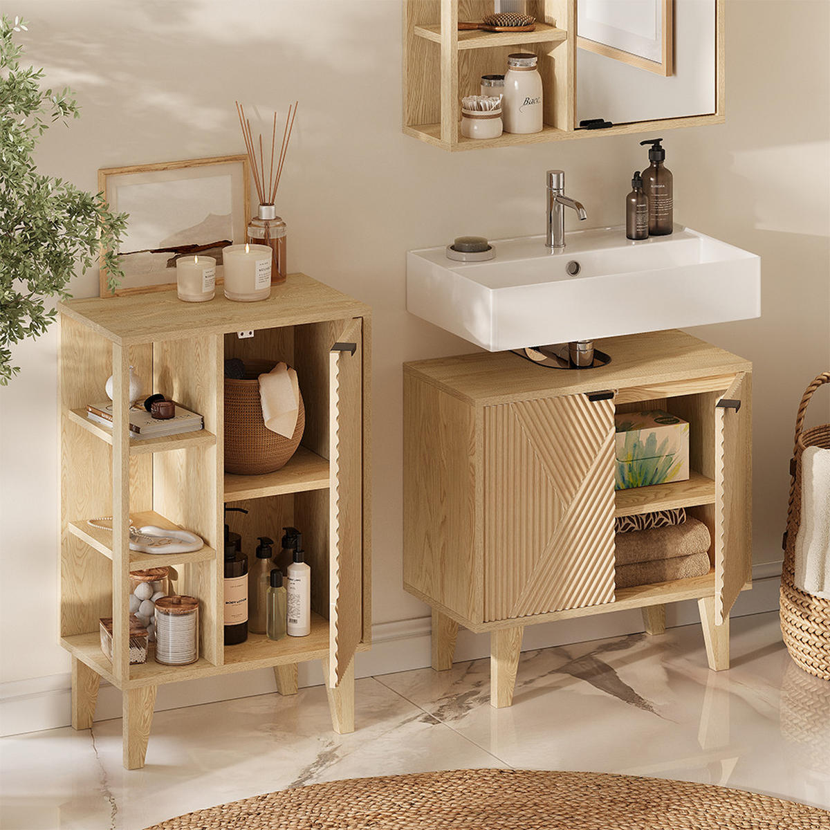 BADMÖBEL-SET Arven, Eiche, 3-er Set mit Midischrank - Eichefarben, Holzwerkstoff (60/60/30cm) - Vicco