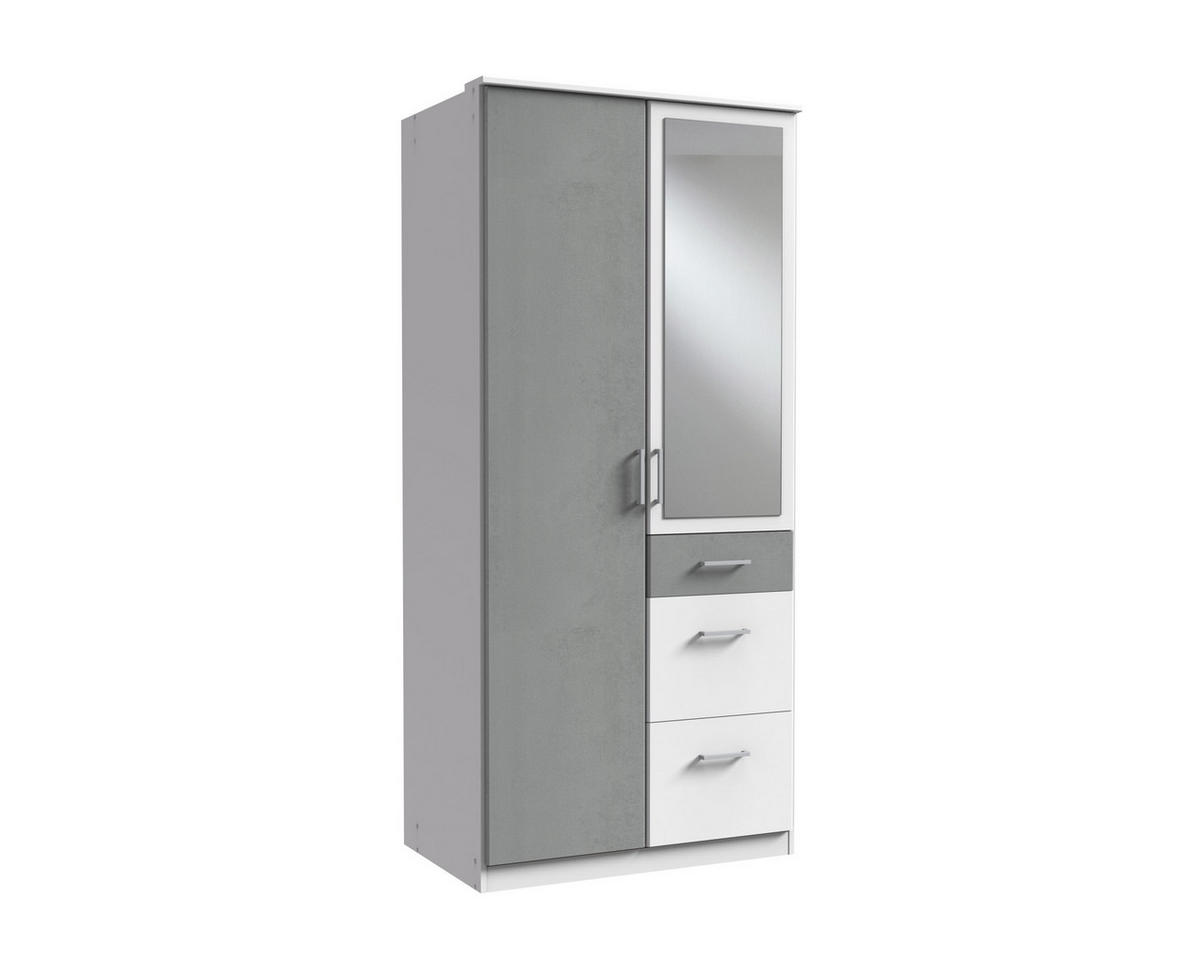 KLEIDERSCHRANK Click in Weiß mit Beton Lichtgrau - Drehtürenschrank 91 cm Breite mit Spiegel - Weiß, Holzwerkstoff (91/199/58cm)