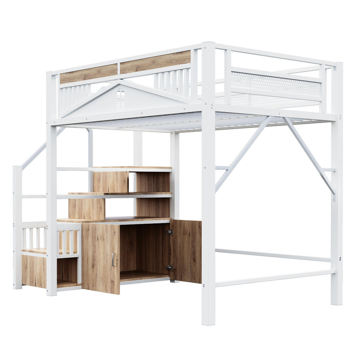 HOCHBETT 140/200 cm in Weiß mit Stauraumtreppe und Sicherheitsumrandung - Weiß, Metall (140/200cm) - BEAOK