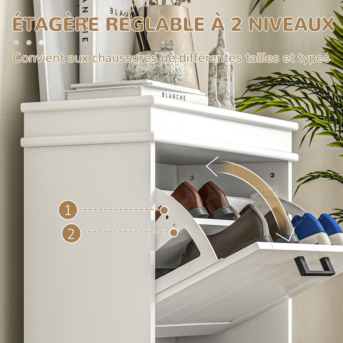 SCHUHSCHRANK DE-15009 2 Klapptüren mit verstellbaren Böden Weiß - Weiß, Holzwerkstoff (54/82.5/24cm) - ComfortXL