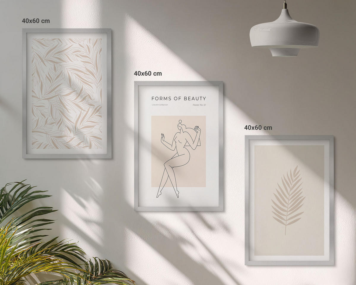 WANDBILDER 3er Set - 40x60 cm Silberner Rahmen - Minimalistische botanische Motive - Silberfarben, Kunststoff (40/60cm) - ArtPrintCave