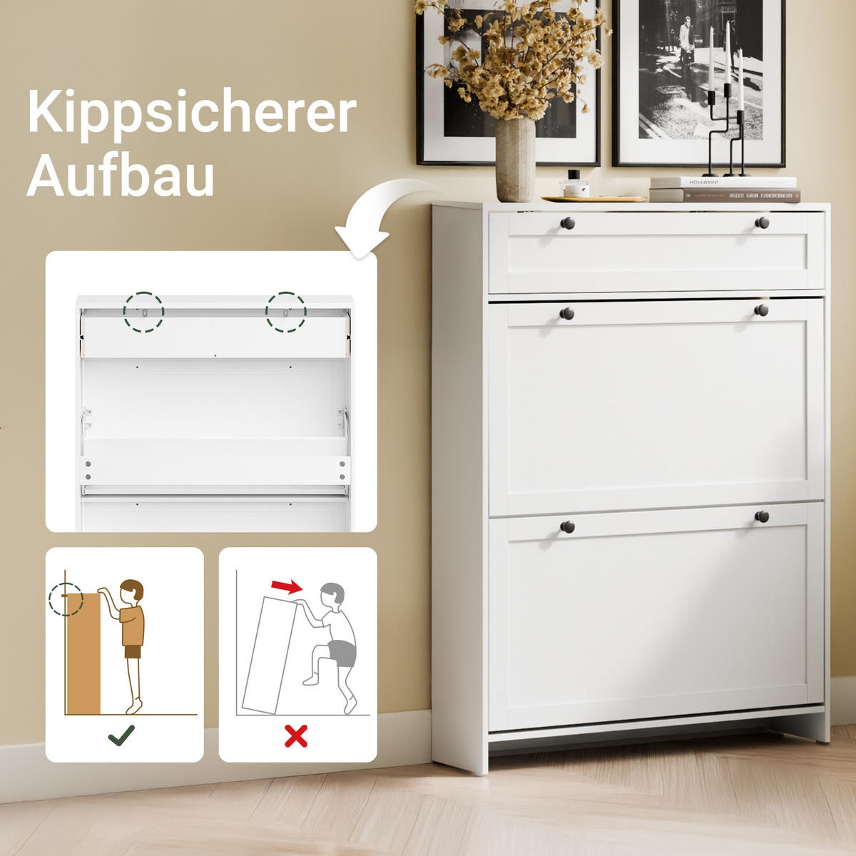 SCHUHKIPPER Schmal mit Schublade, Weiß 80x107x19 cm - Weiß, Holzwerkstoff (80/107/19cm) - SoBuy