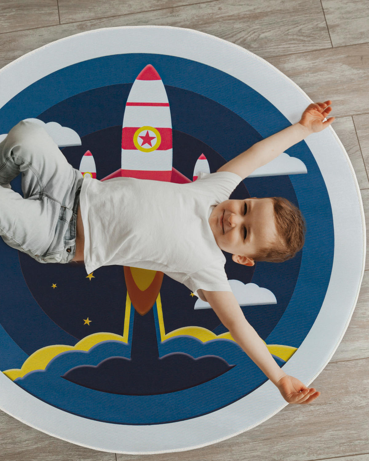 KINDERTEPPICH Bambini Satellite Mazovia Rund Ø100cm Weiß Marineblau Rakete Kurzflor - Weiß, Textil (100/100cm) - Mazovia