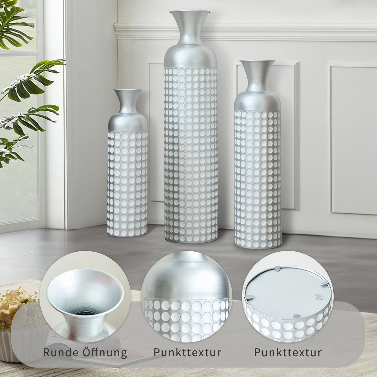 BODENVASE 3-tlg 49,5-84cm Metall-Bodenvase Silber Hochglanz Dekovase Punktmuster - Silberfarben, Metall (24.5cm) - Raelunyi