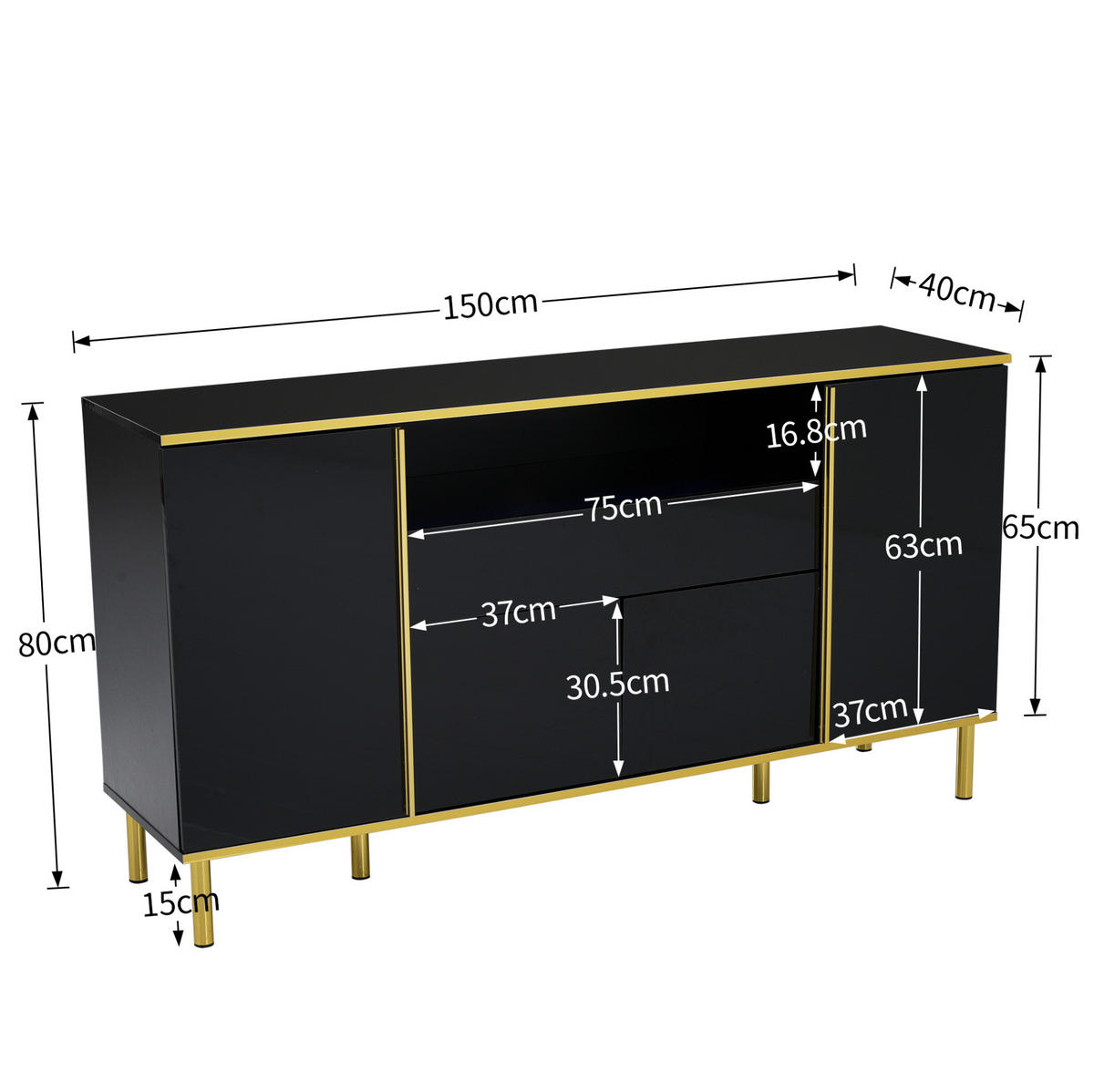 KOMMODE aus MDF & Spanplatte 150x40x80cm in Schwarz mit LED-Beleuchtung - Schwarz, Holzwerkstoff (150/80/40cm) - Modfu