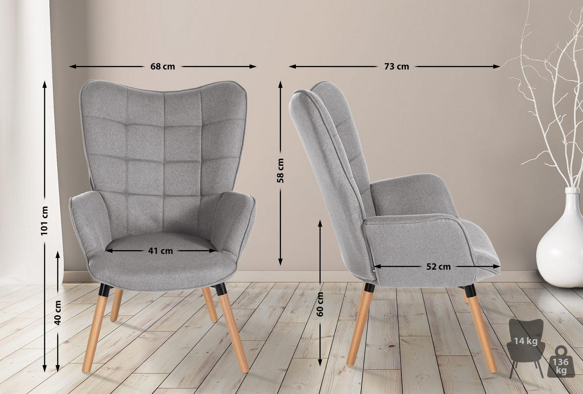 SESSEL Stoff grau - Eukalyptusholzfarben/Grau, Holz/Textil (68/101/73cm) - CLP