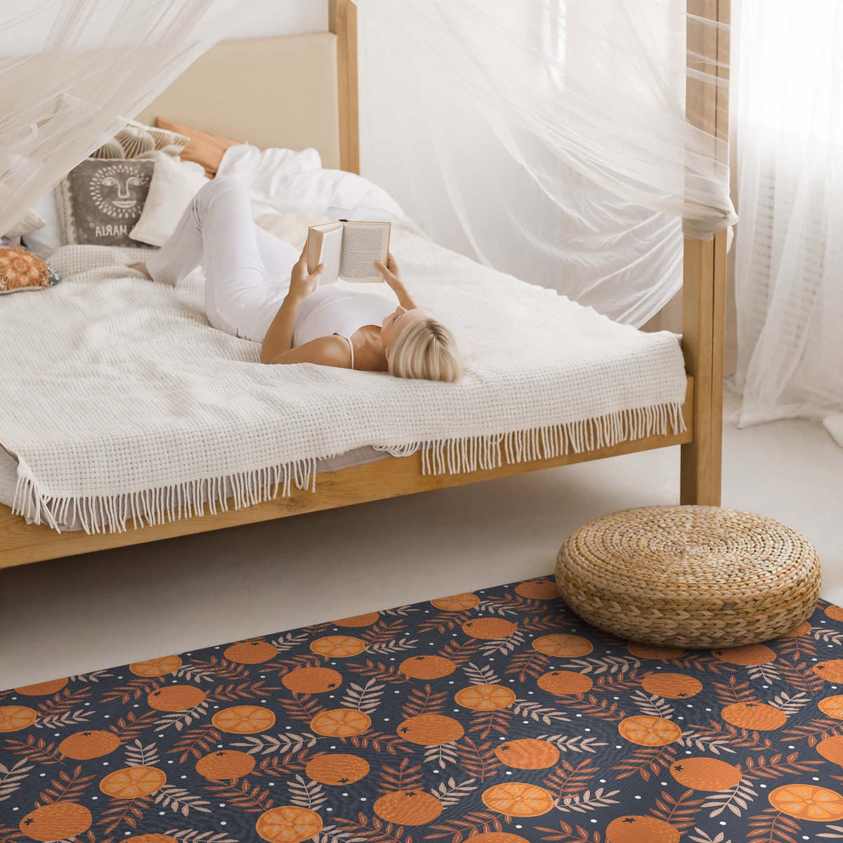 TEPPICH 60x90 cm Orangen und Blätter Illustration - Koralle, Kunststoff (60/90cm) - Wallfluent