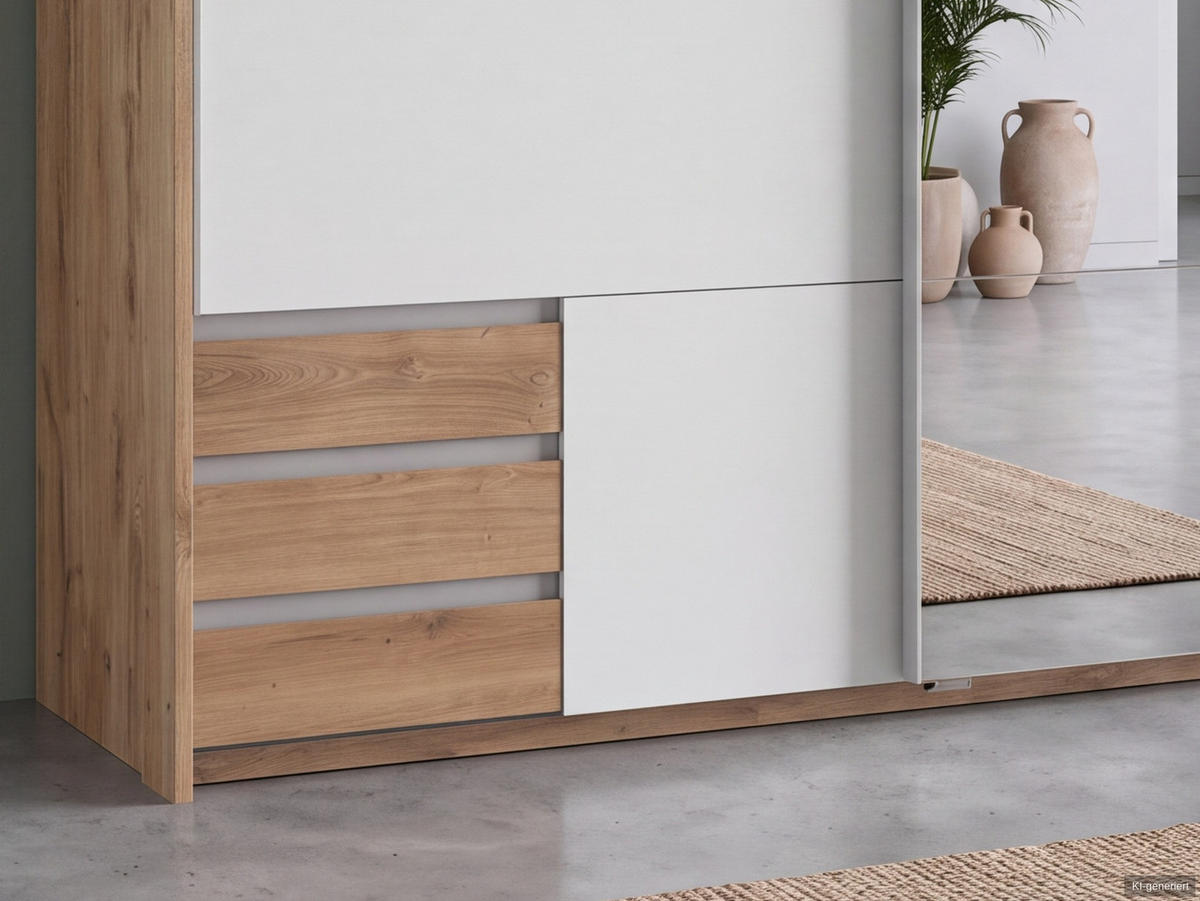 SCHWEBETÜRENSCHRANK 2-türig B183/H200/T65 cm, Passepartout-Kleiderschrank mit Spiegel & sichtbaren Schubkästen in Eiche Dekor, 1x Tür in Weiß / 22712 - Eichefarben/Alufarben, Holz/Holzwerkstoff (183/200/65cm) - luma-home