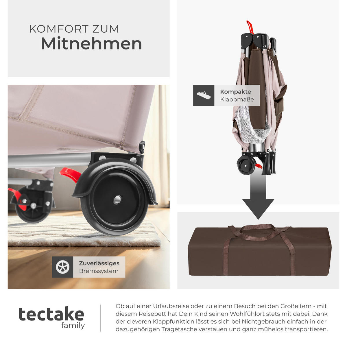 KINDER REISEBETT Elefant,inklusive Tragetasche, 132 x 75 x 104 cm,braun - Braun, Kunststoff (75/104/132cm) - tectake