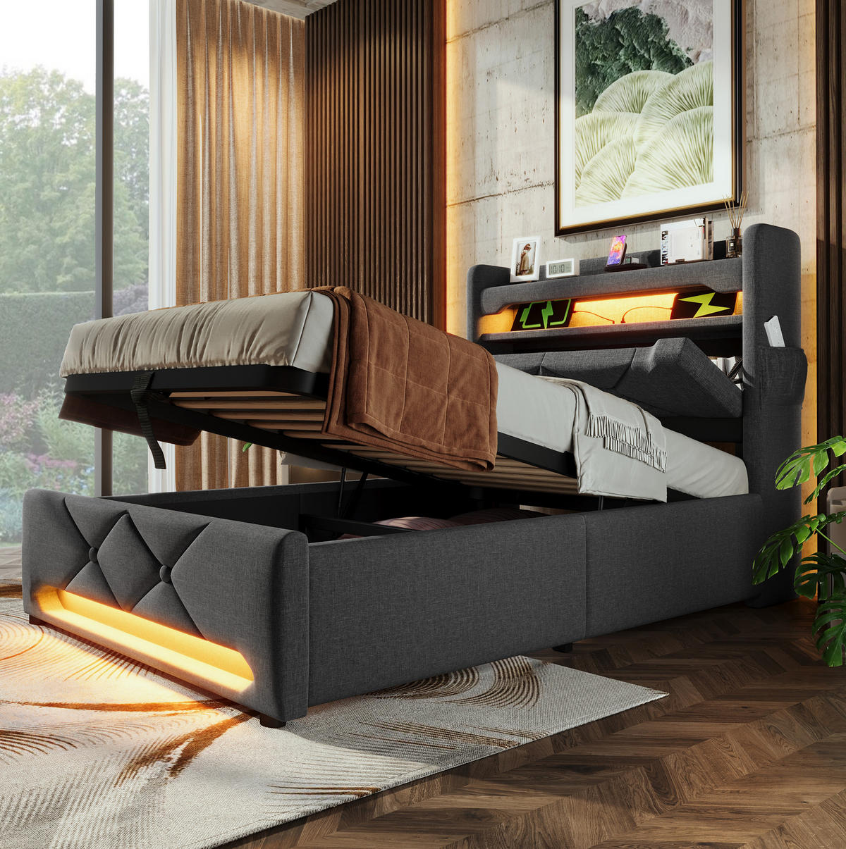 POLSTERBETT mit LED-Beleuchtung 90/200 cm mit Bettkasten und USB-C, Grau - Grau, Textil (90/200cm) - BEAOK