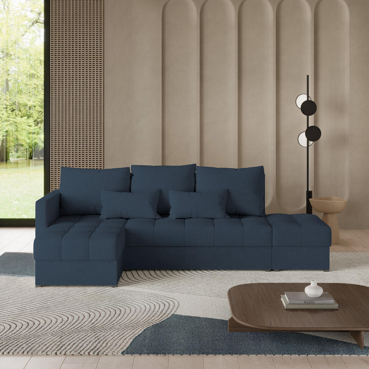 ECKSOFA LUMARI L-S Blau Plüsch-Stoff mit Schlaffunktion - Blau, Holz (262/143cm) - MASSENO