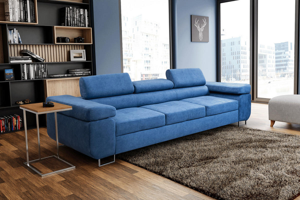SOFA Marlene II 274 x 97 cm, mit verstellbaren Kopfstützen Schlaffunktion Wohnzimmersofa 3 Sitzer, blau - Blau, Kunststoff (274/87/97cm) - Margaret Hadas24