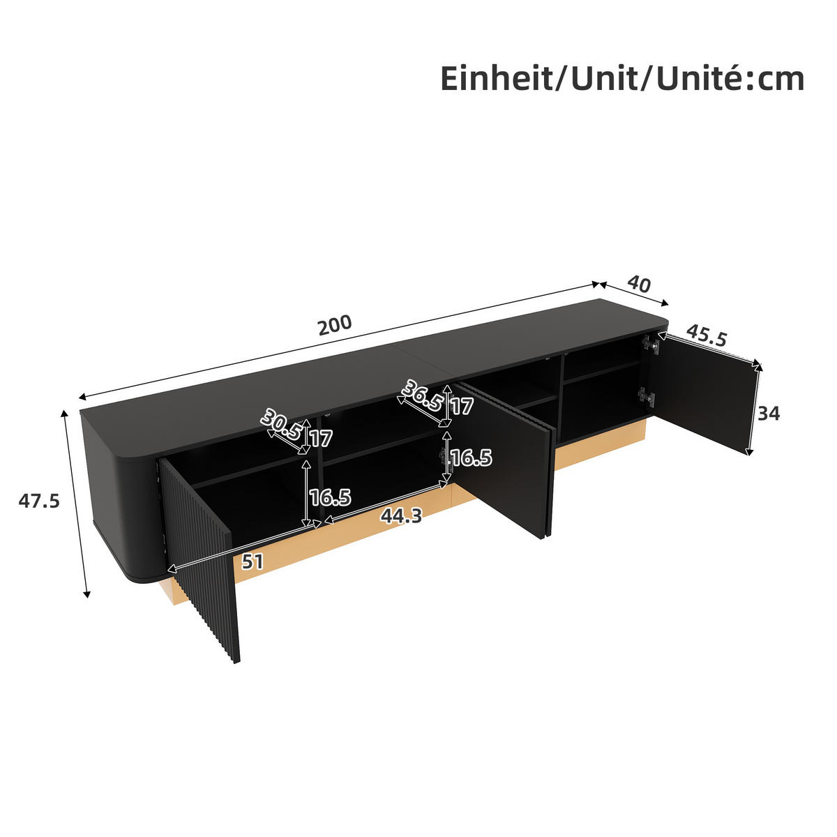 TV-LOWBOARD 200 cm geriffelt 4 Türen - Schwarz, Holz (200/47.5/40cm) - LEBENLANG