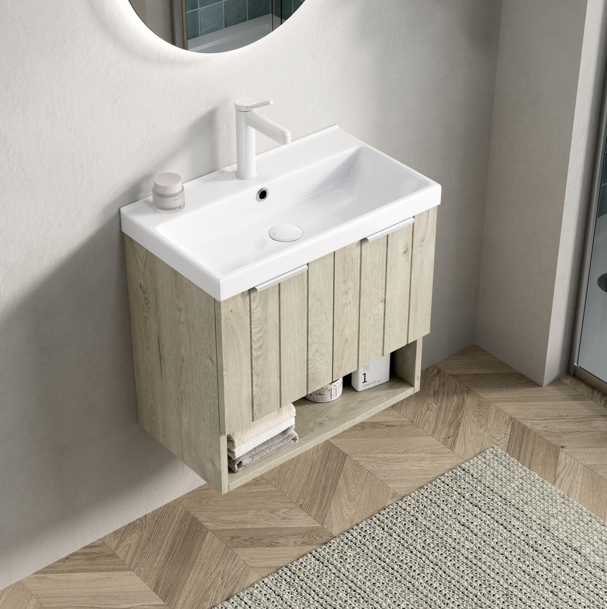 WASCHTISCHUNTERSCHRANK 55x32x53cm Creme/Weiß mit glänzendem Keramikbecken - Creme, Keramik (55/53/32cm) - Modfu