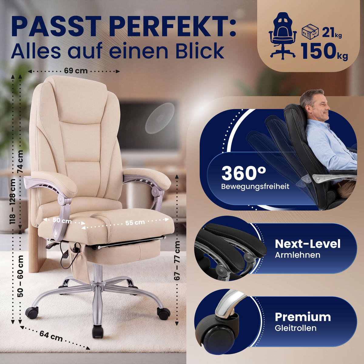 CHEFSESSEL Echtleder Creme - Chromfarben/Creme, Leder/Metall (69/118/64cm) - CLP