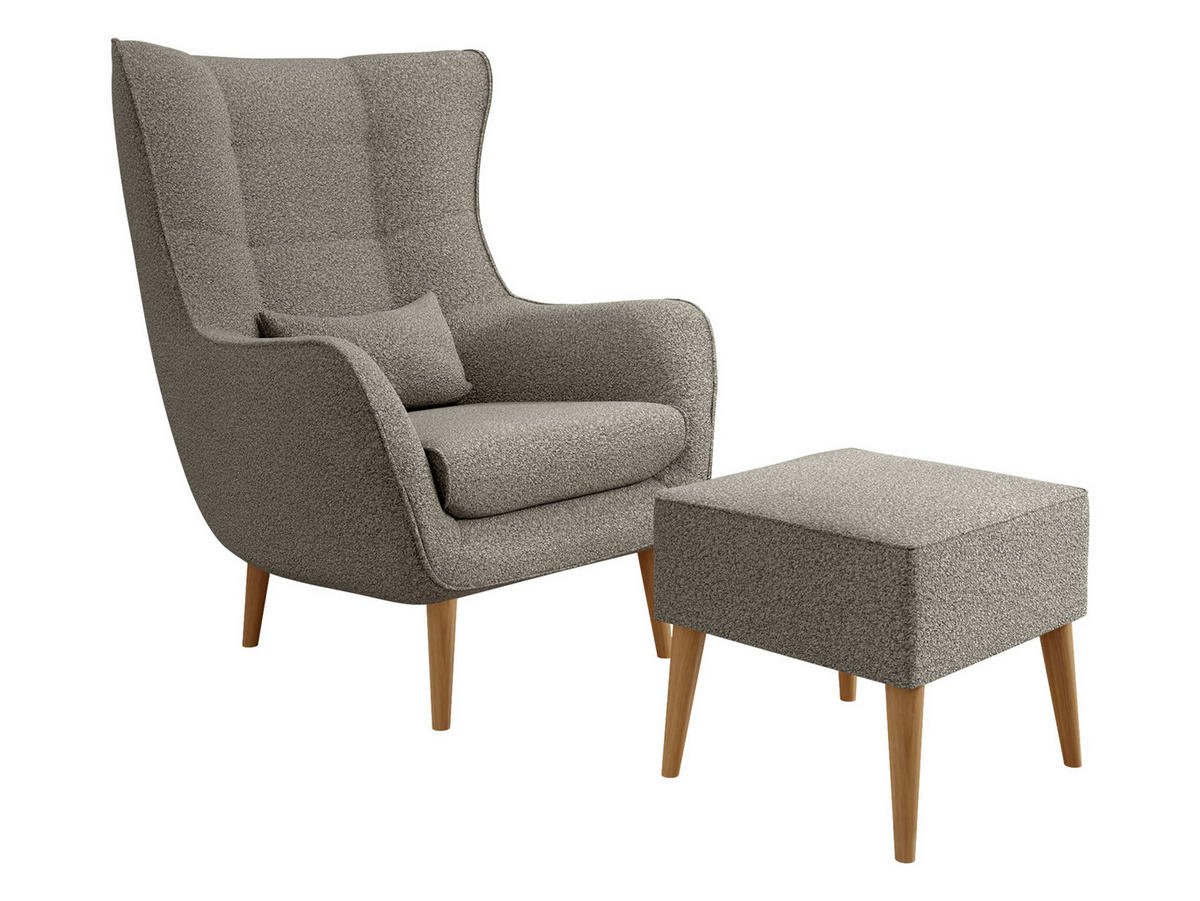 SESSEL Estjano Boucle mit Fußbank - Hellbraun/Beige, Holz/Textil (80/106/95cm) - MIRJAN24