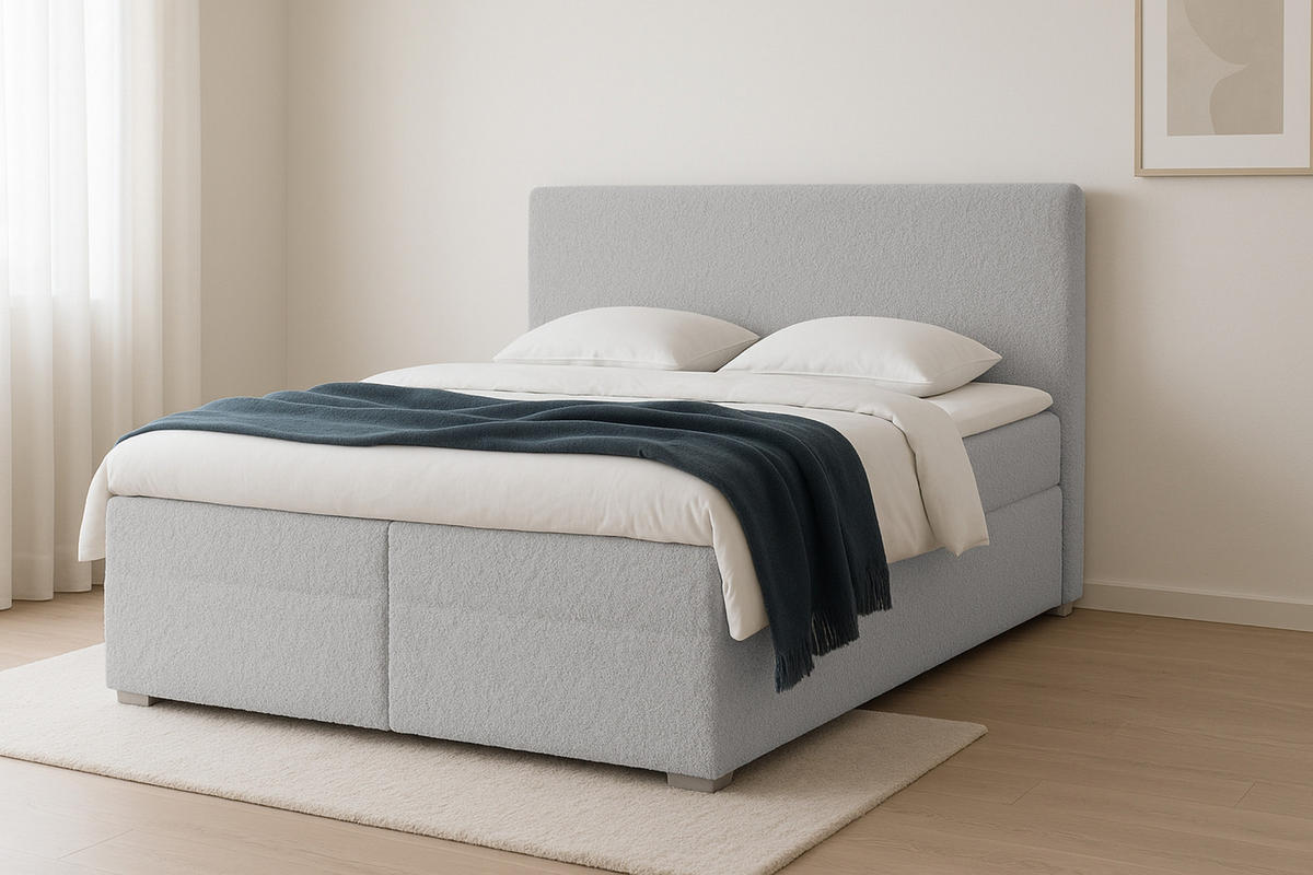 BOXBETT BOUCLE 160/200 in Boucle Hellgrau H3 - Hellgrau, Holz/Holzwerkstoff (160/200cm) - Deine Möbel 24