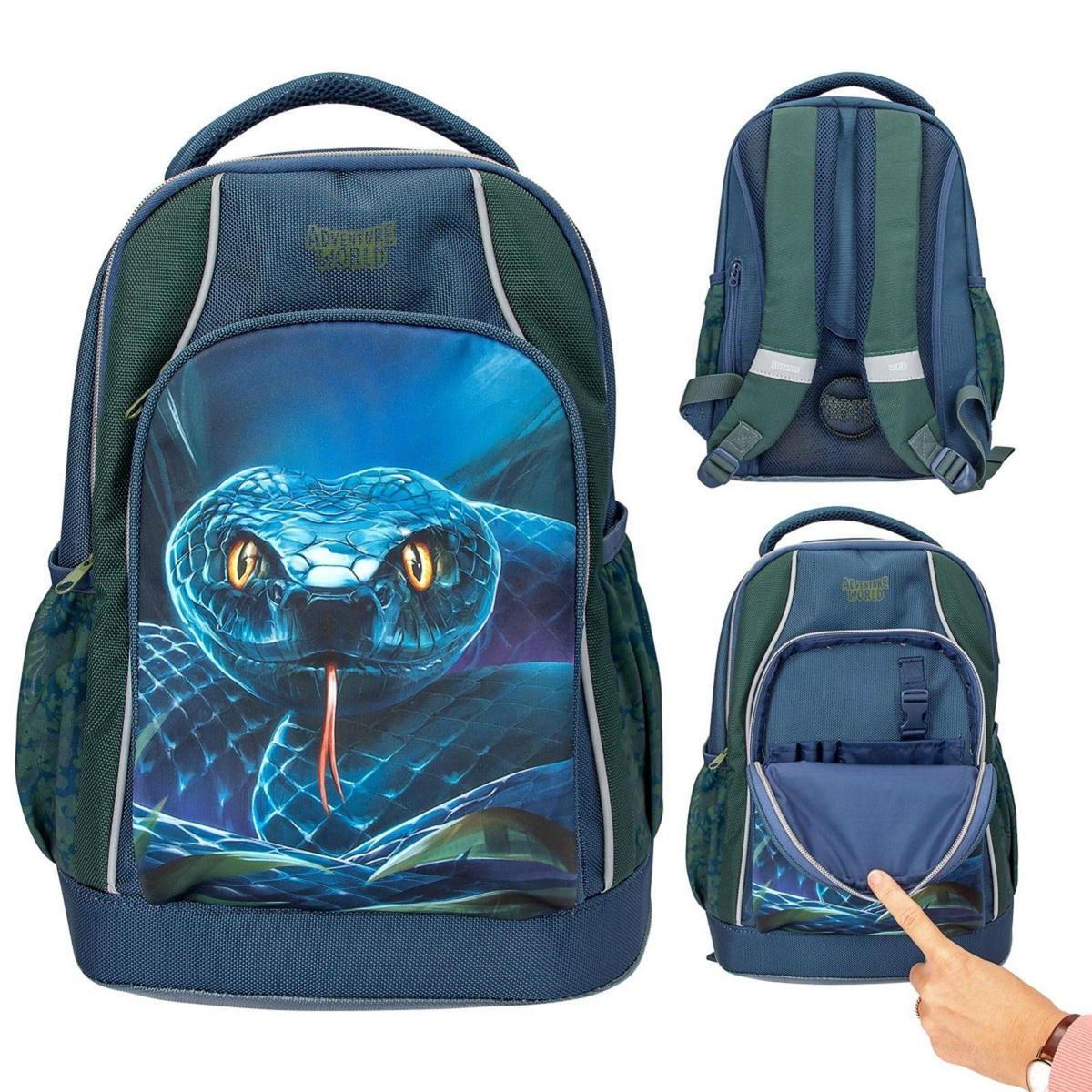SCHULRUCKSACK SCHLANGE Adventure World blau-grün 19 x 30 x 40 cm - Blau/Grün, Textil (30/19cm) - Depesche Germany