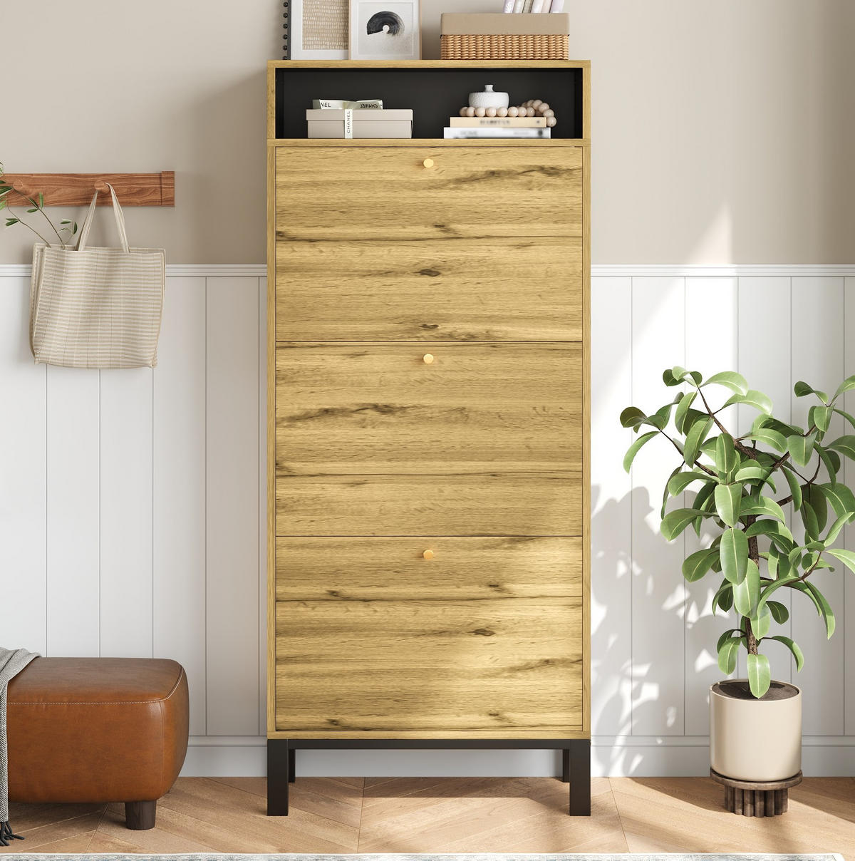 SCHUHSCHRANK 63/24/147 cm aus MDF mit 3 Klappen und offenen Fächern, platzsparend in natürlicher Holzoptik, Natur - Naturfarben, Holzwerkstoff (63/147/24cm) - Redom