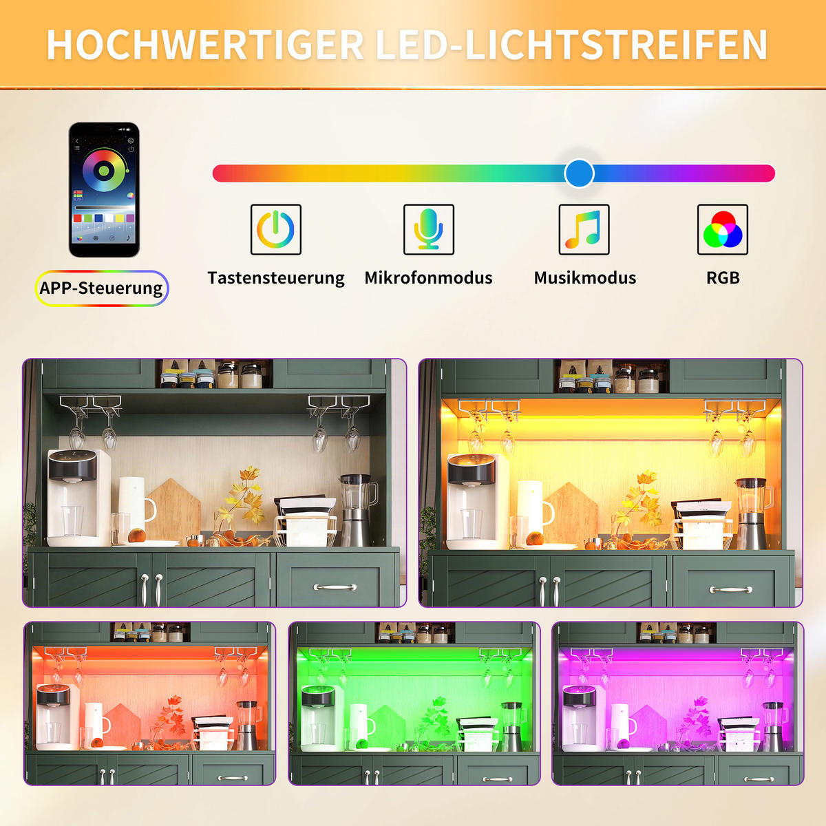 KÜCHENSCHRANK LED 120x40x188Cm 4 Türen Snackregal - Grün, Holzwerkstoff (120/188/40cm) - FLIEKS