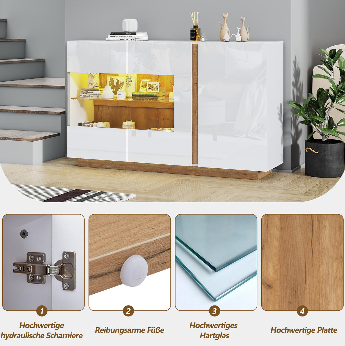 SIDEBOARD aus Spanplatte 138x38,5x90,5 cm Weiß mit RGB-LED, Glasdetails und 3 Türen in Hochglanz - Weiß, Holzwerkstoff (138/90.5/38cm) - Modfu