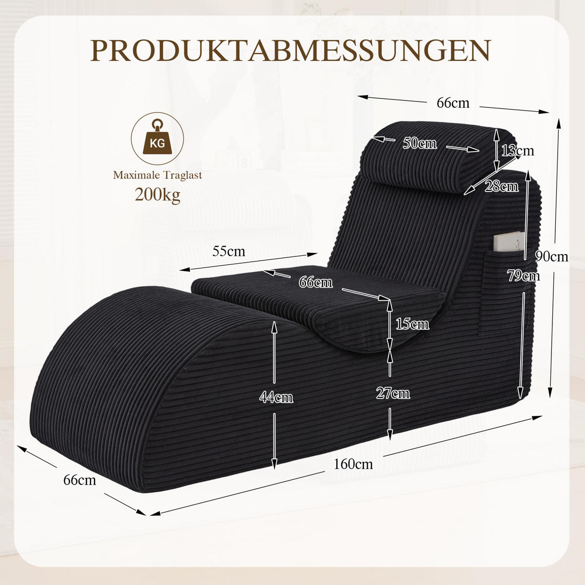 KŘESLO 160/66/90 cm černé z manšestru s boční kapsou a odnímatelným sedákem - černá, textil (66/90/160cm) - OKWISH