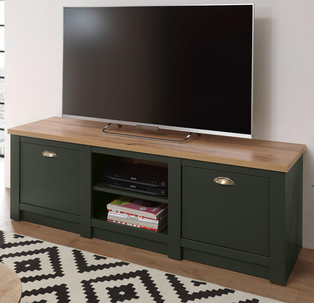 TV-LOWBOARD grün, Wotan Eiche 152 x 51 cm, TV Unterteil im Landhaus-Stil - Dunkelgrün/Messingfarben, Holzwerkstoff/Kunststoff (152/51/45cm) - Furn.Design