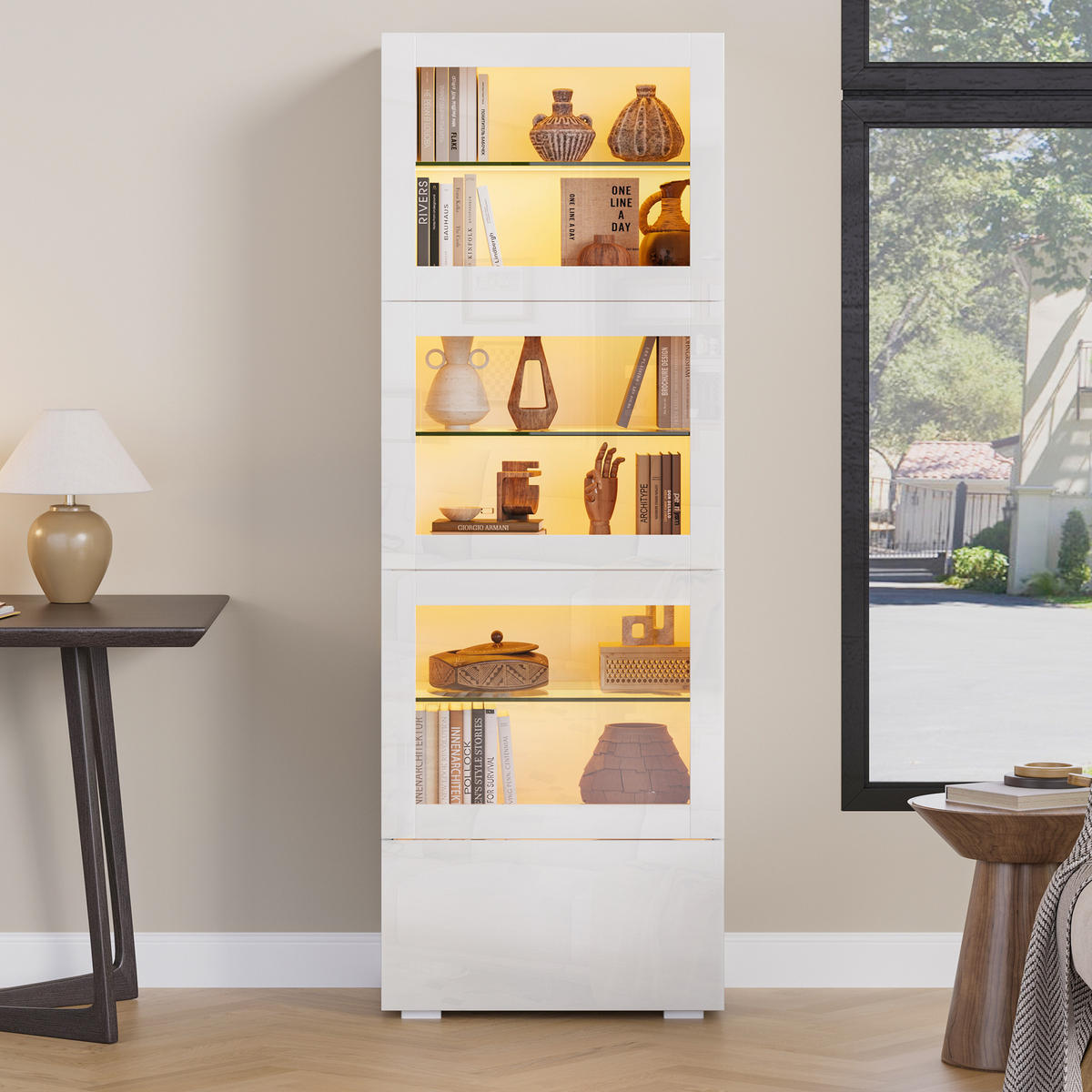 VITRINE LED Hochglanz Acryl Tür 3 Glasböden Weiß 173cm Highboard - Weiß, Glas (60/173/40cm) - FLIEKS